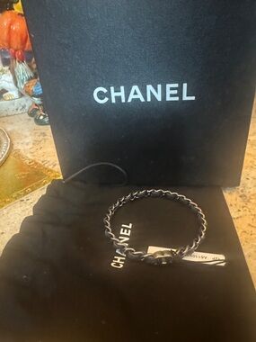CHANEL Blue leather Ruthenium Twisted Rope bracelet with Logo Tag